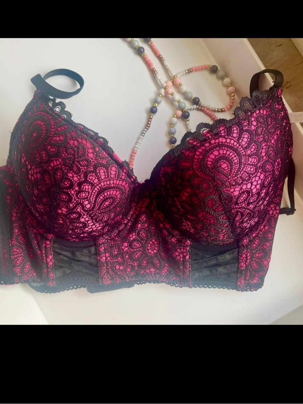 FA Hot Pink and Black Lace Longline Bra